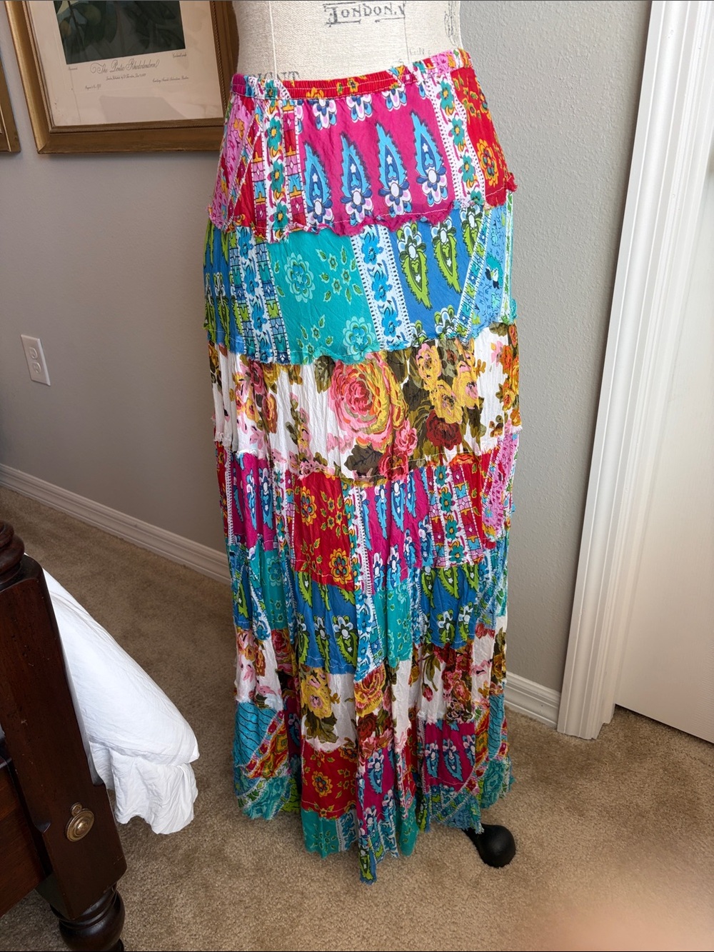 Boho Tiered Patchwork Maxi Skirt - Pink, Turquoise & White by e.t.c.